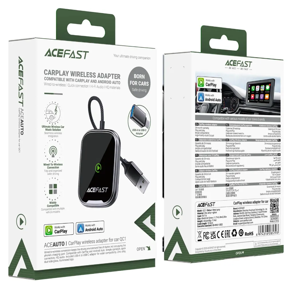 ACEFAST QC1 USB-A CarPlay Wireless Adapter for Apple CarPlay / Android Auto Wire to Wireless Converter