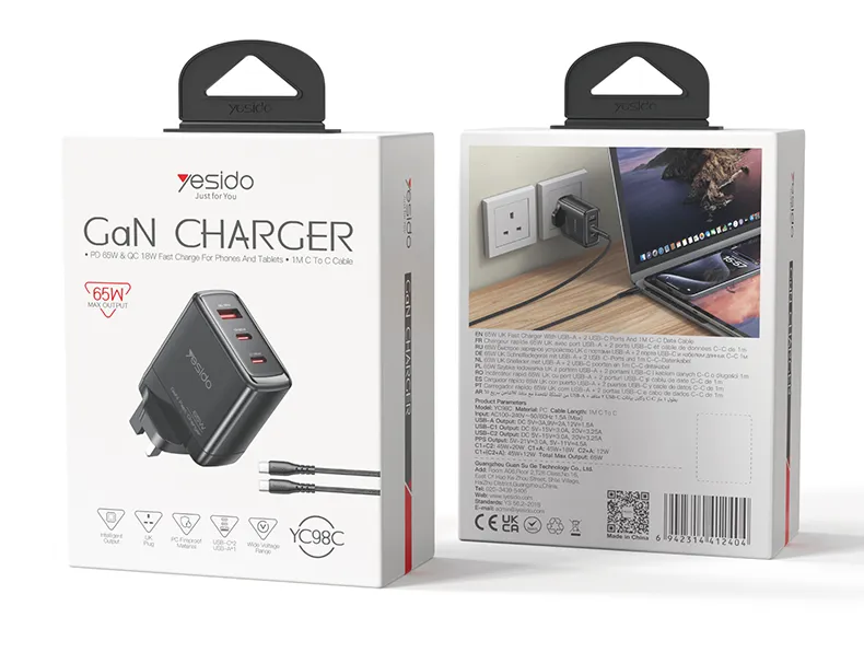 Yesido PD65W Fast Charging Dual USB-C+USB-A Three-port Mecha GaN UK Standard Charger Travel Charger YC147