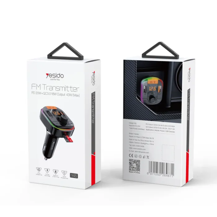 Yesido Y45 Fast charging Smart Dual USB Ports Vehicle Charger FM Transmitter Mp3 Multi Function Car Charger