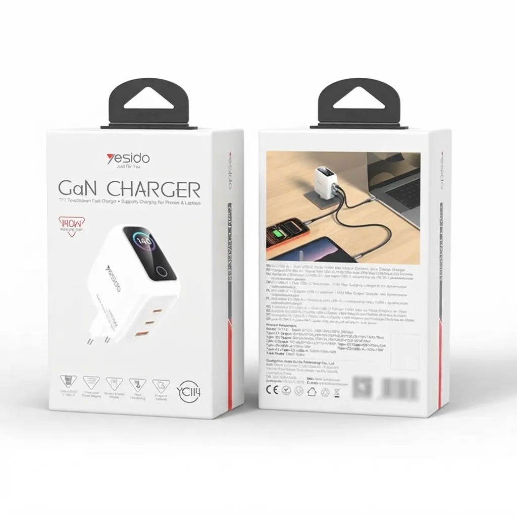 Yesido GaN 140W Fast Charging 2*USB-C & USB-A Dymamic Digital Display UK Charger YC158