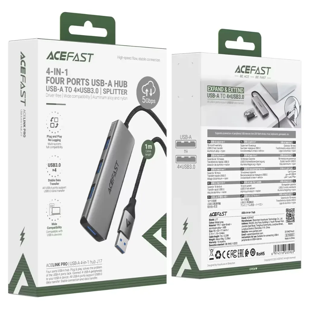 ACEFAST J17 USB-A Hub 4 in 1 _4 × USB3.0 Ports 5Gbps 1m Cable