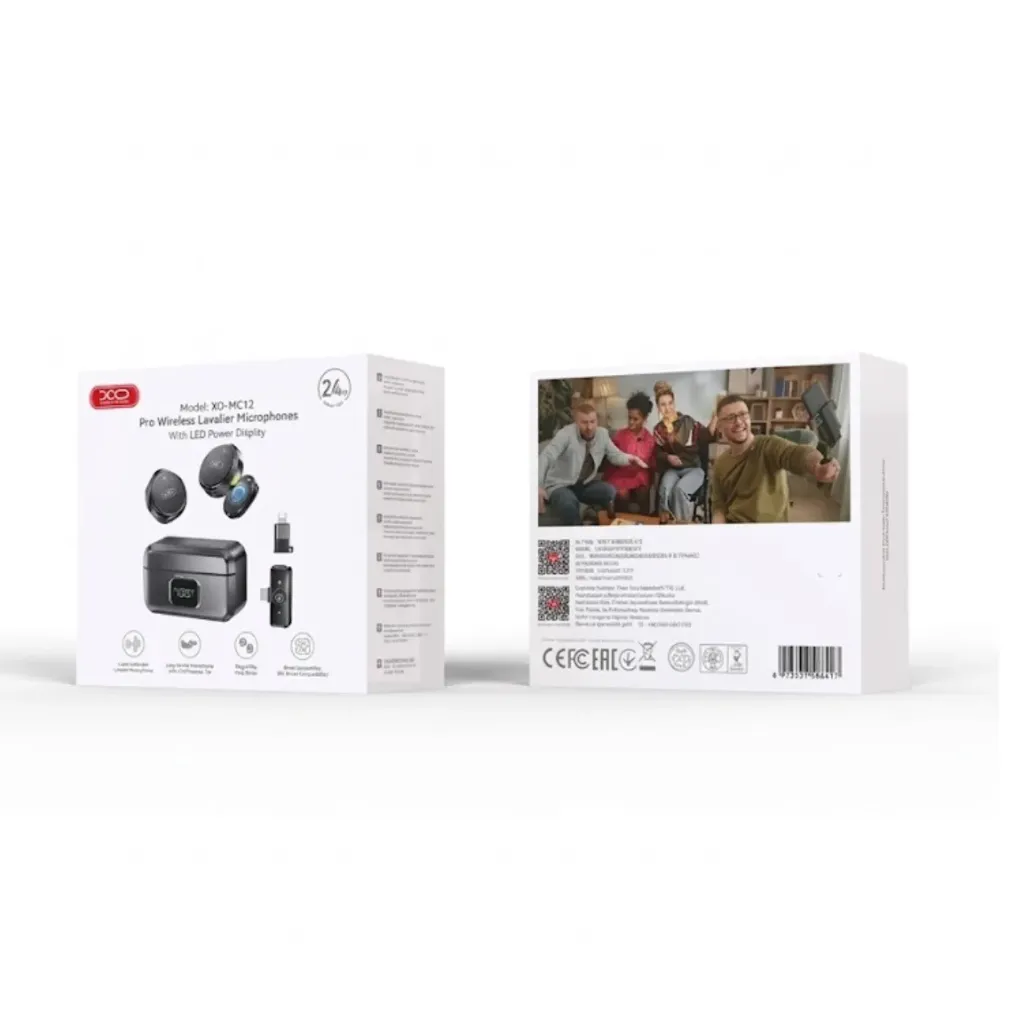XO MC12Wireless clip-on lavalier microphone set with charging case