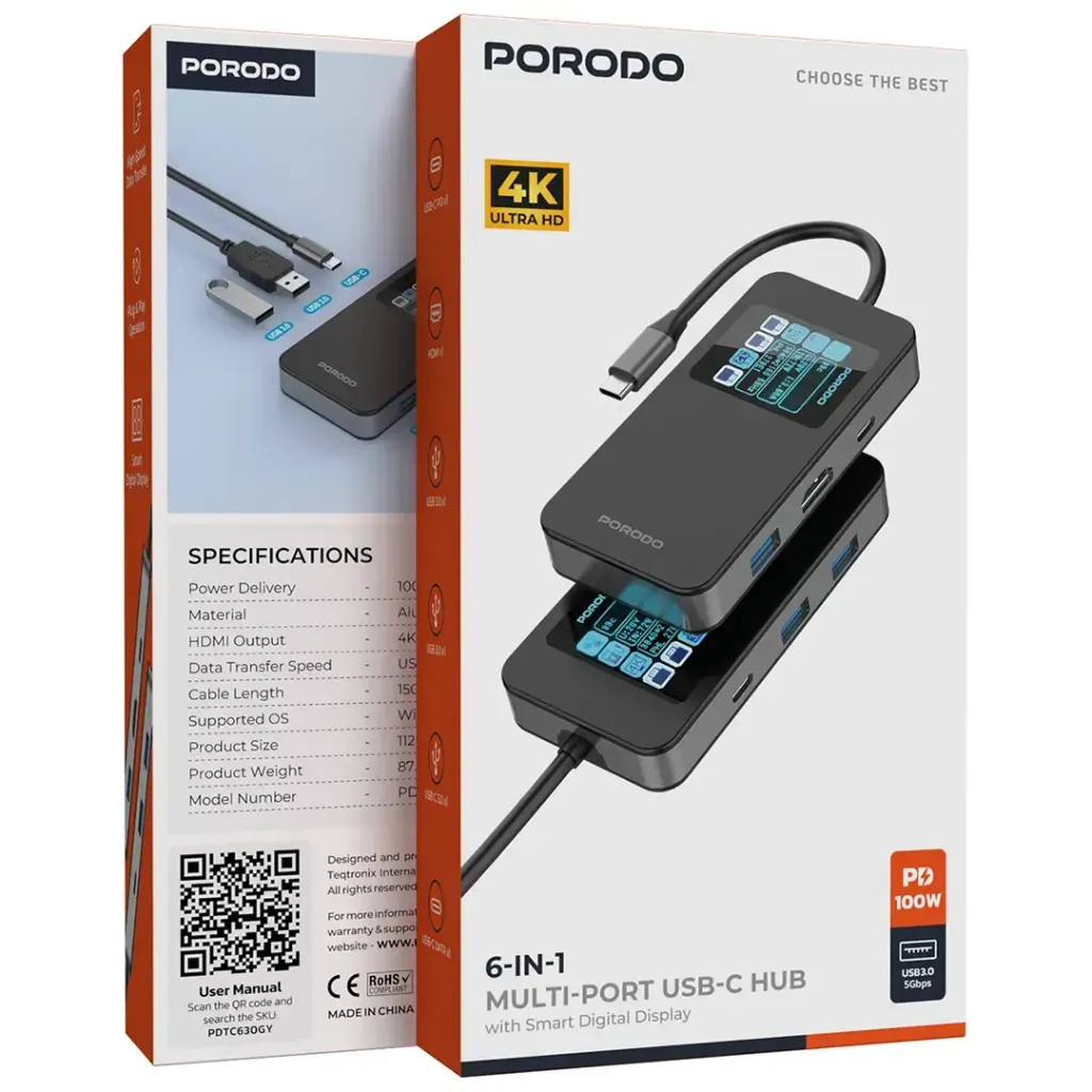 Porodo 6-In-1 Multi-Port USB-C Hub with Smart Digital Display