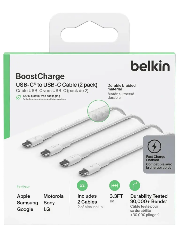 BELKIN Braided to USB Type-C Cable - 1 m, White, Pack of 2