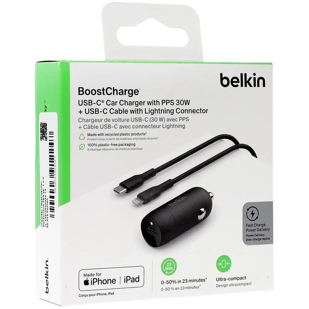 Belkin BoostCharge 30W USB-C Car Charger + USB-C to Lightning cable