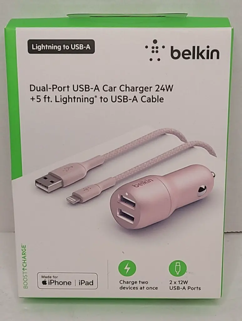 Dual- port 2Usb-A Car Charger 24w-5 ft Lightning to Usb-A Cable