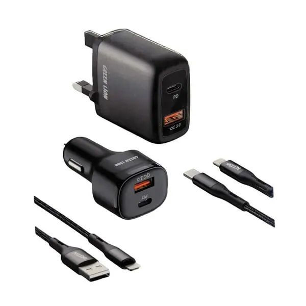 GREEN 4 IN 1 COMBO FAST CHARGING CAR CHARGER WITH MULTI-PORT WALL CHARGER & DATA CABLE 20W