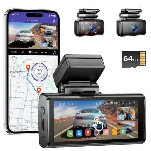 [NQ568] AZDOME M580 3CH Dash Cam 5K with 4" Touch Screen IR Night Vision 24H Parking Mode(داش كام)