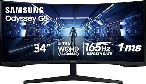 SAMSUNG 34" LC34G55TWWNXZA Odyssey G5 Ultra-Wide Gaming Monitor with 1000R Curved Screen165Hz 1ms, FreeSync Premium Large Display Eye Comfort, Multiple Ports WQHD 