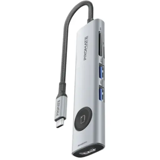 Promate ComandHub-Lite 9-in-1 Multiport USB-C Hub with 100W Power Delivery, 4K HDMI Output & Privacy Button, Dual 5Gbps USB-C and USB-A Ports, SD/TF Card Slots Up to 2TB
