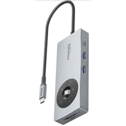 Promate ComandHub-Pro 14-in-1 USB-C Hub with 6 Multimedia Function Buttons, 100W Power Delivery, 4K HDMI Output, Dual High-Speed 5Gbps USB-A and USB-C Data Transfer Port, Ethernet Port, SD/TF Card Slots Up to 2TB