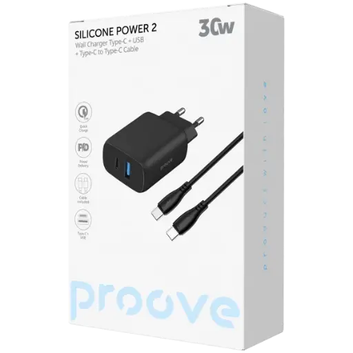 Proove Wall Charger Sillicon Power 2  30W  (Type-C + USB) + CABLE Type-C TO Type-C 1M (شاحنة)