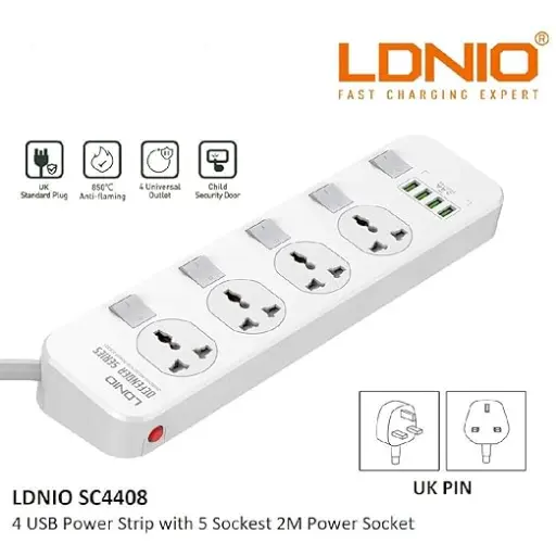 [NQ1259] LDNIO SC4408 Defender Series 2500W 4 Sockets with Independent Switch 3.4A 4 USB