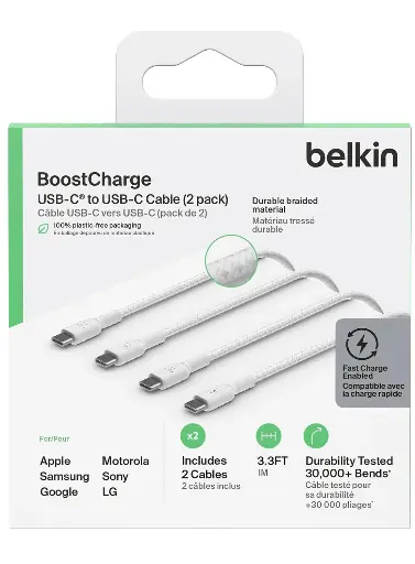 [NQ366] BELKIN Braided to USB Type-C Cable - 1 m, White, Pack of 2