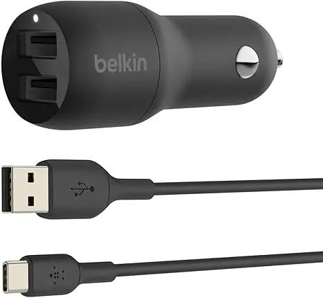 [NQ420] Belkin Car Charger BOOST_CHARGEª Dual USB-A 24W + USB-A to USB-C¨ Cable - Blac