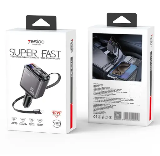 [NQ2600] Y63 117W LED Power Display With Telescopic Cable USB & TC Ports Fast Charging Car Charger